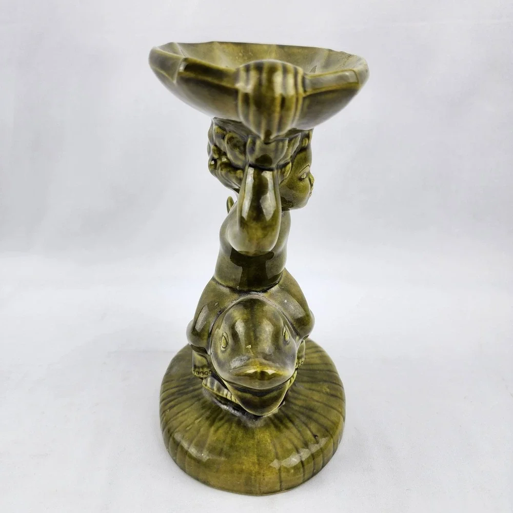 Vtg Ceramic Holland Mold Cherub Angel Child‎ Dolphin Iridized Pedestal Soap Dish
